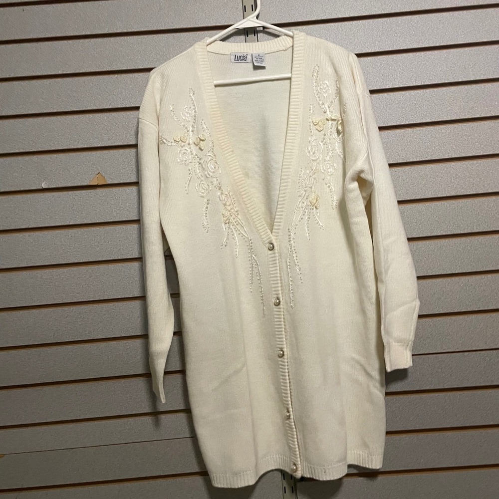 Lucia Cream Embellished Knit Cardigan Duster‎ Sweater Medium Pearls Roses